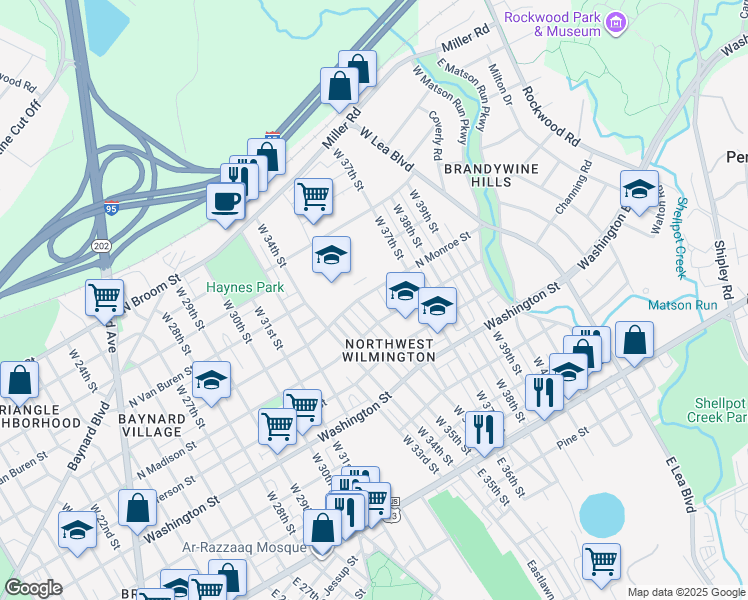 map of restaurants, bars, coffee shops, grocery stores, and more near 503-A West 36th Street in Wilmington