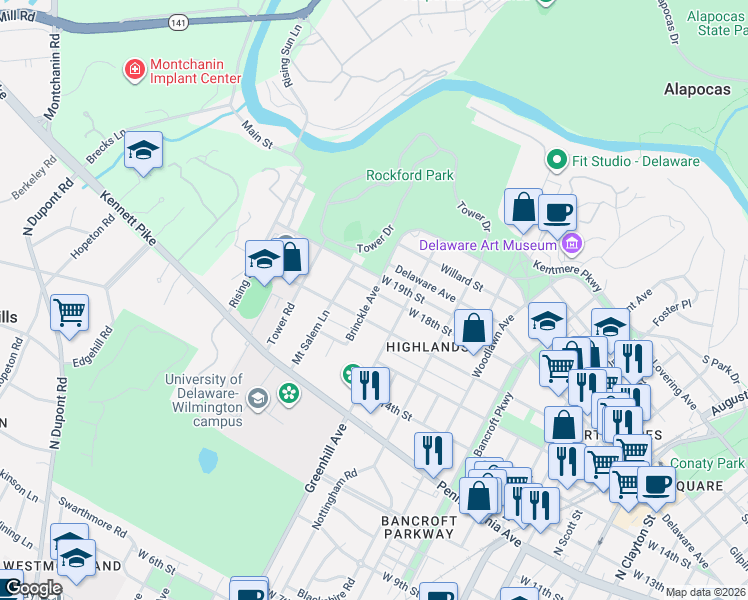 map of restaurants, bars, coffee shops, grocery stores, and more near 1701 Greenhill Avenue in Wilmington