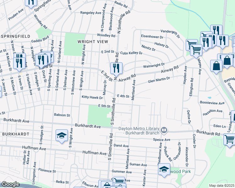 map of restaurants, bars, coffee shops, grocery stores, and more near 113 South Smithville Road in Dayton