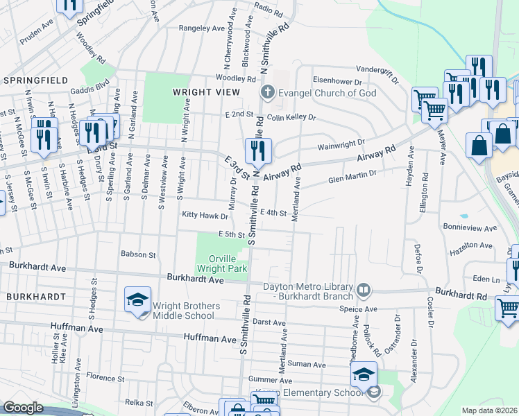 map of restaurants, bars, coffee shops, grocery stores, and more near 113 South Smithville Road in Dayton