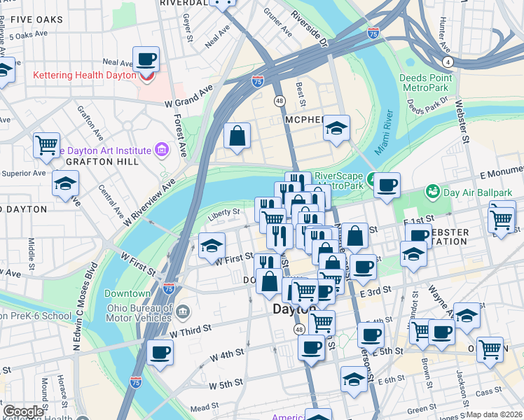 map of restaurants, bars, coffee shops, grocery stores, and more near 104 West Monument Avenue in Dayton