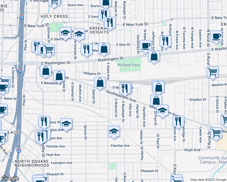 map of restaurants, bars, coffee shops, grocery stores, and more near 1705 Southeastern Avenue in Indianapolis