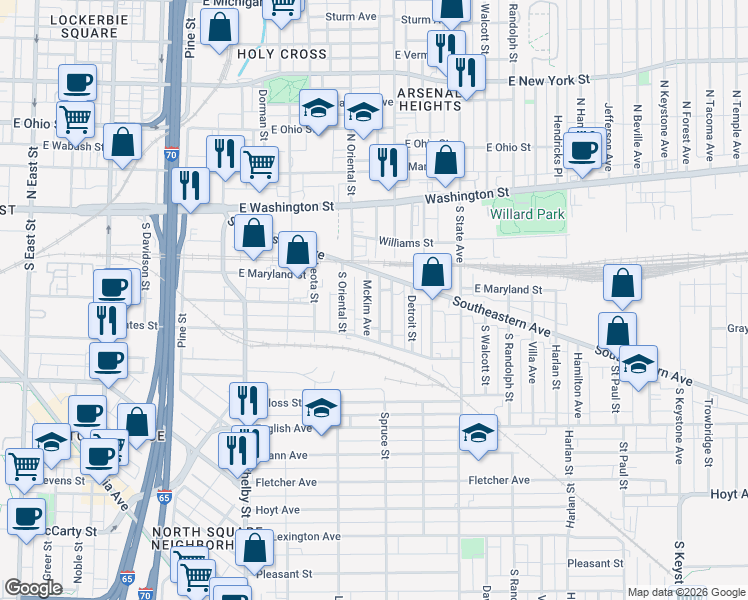 map of restaurants, bars, coffee shops, grocery stores, and more near 217 McKim Avenue in Indianapolis
