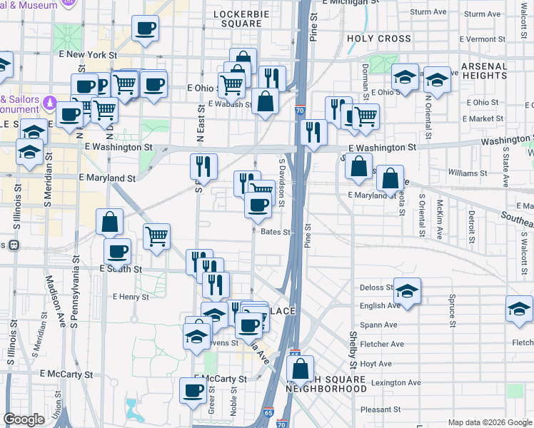 map of restaurants, bars, coffee shops, grocery stores, and more near 720 Bates Street in Indianapolis