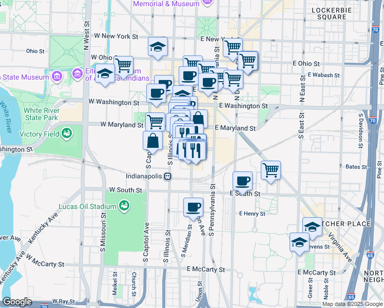 map of restaurants, bars, coffee shops, grocery stores, and more near 234 South Meridian Street in Indianapolis