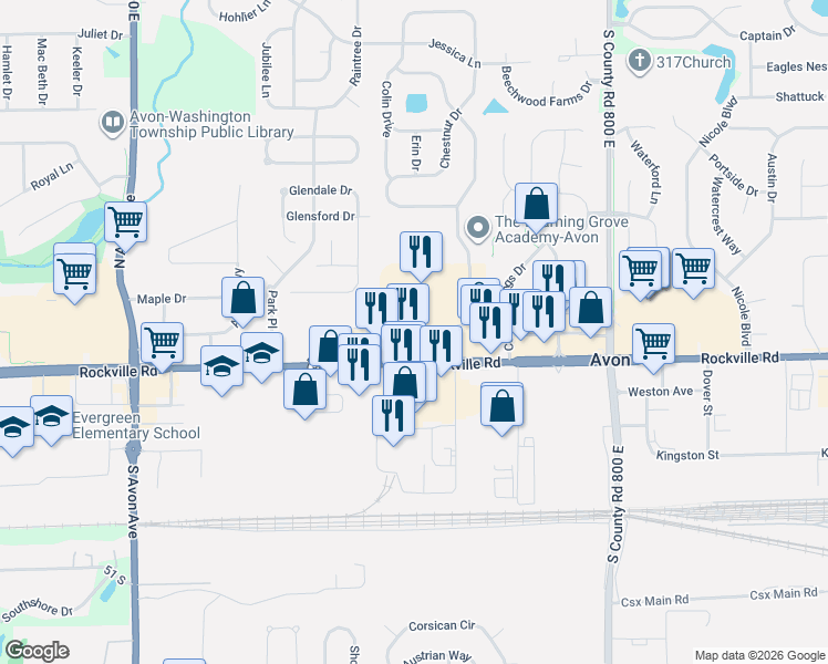 map of restaurants, bars, coffee shops, grocery stores, and more near 7601 Beechwood Centre Rd in Avon