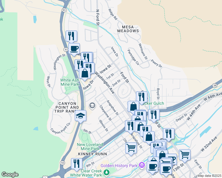 map of restaurants, bars, coffee shops, grocery stores, and more near 208 Washington Avenue in Golden