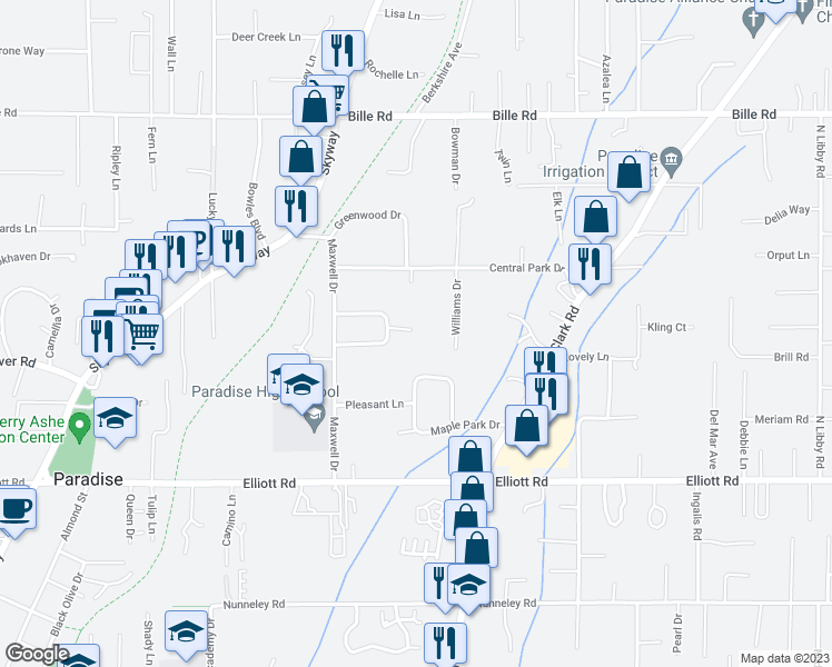 map of restaurants, bars, coffee shops, grocery stores, and more near 1038 Rainbow Lane in Paradise