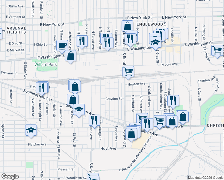 map of restaurants, bars, coffee shops, grocery stores, and more near 251 South Temple Avenue in Indianapolis