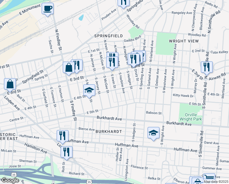map of restaurants, bars, coffee shops, grocery stores, and more near 122 South Irwin Street in Dayton