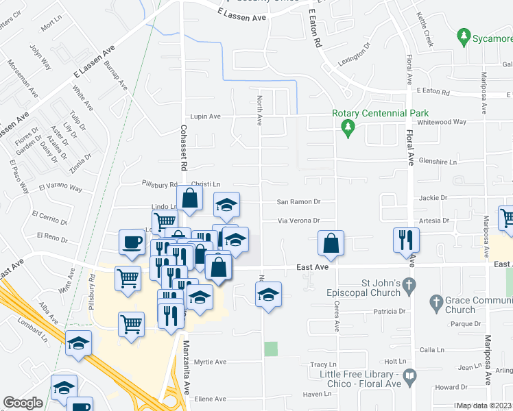map of restaurants, bars, coffee shops, grocery stores, and more near 1 San Ramon Drive in Chico