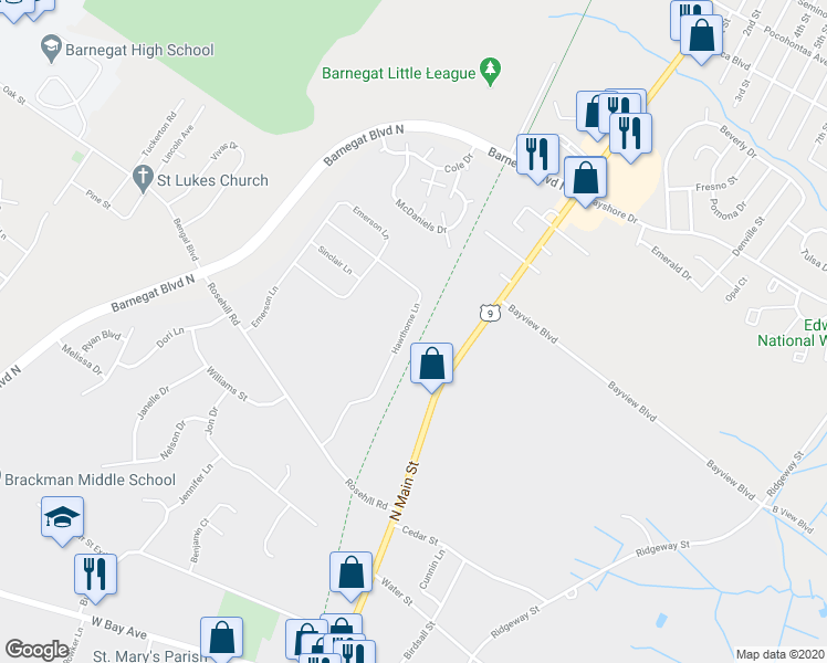 map of restaurants, bars, coffee shops, grocery stores, and more near 255 Hawthorne Lane in Barnegat Township