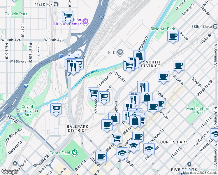 map of restaurants, bars, coffee shops, grocery stores, and more near 1898 29th Street in Denver