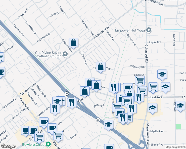 map of restaurants, bars, coffee shops, grocery stores, and more near 2586 El Paso Way in Chico