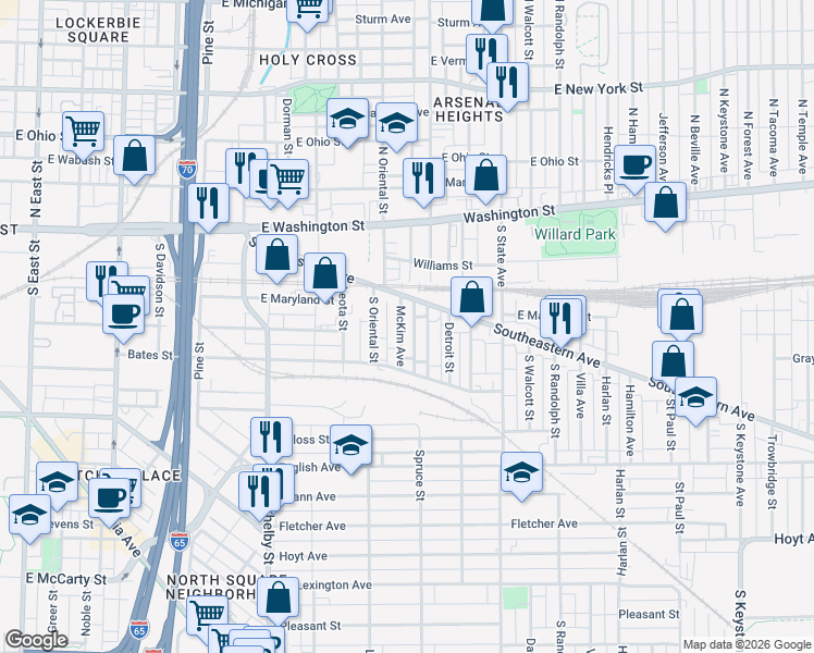 map of restaurants, bars, coffee shops, grocery stores, and more near 217 McKim Avenue in Indianapolis