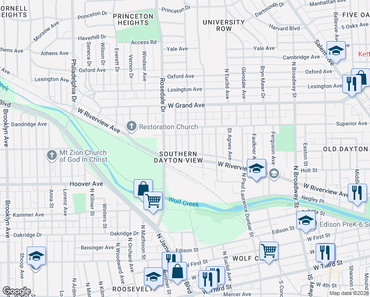 map of restaurants, bars, coffee shops, grocery stores, and more near 2017 West Riverview Avenue in Dayton