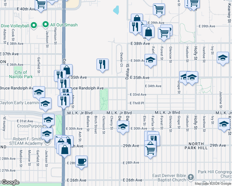 map of restaurants, bars, coffee shops, grocery stores, and more near 3310 Cherry Street in Denver