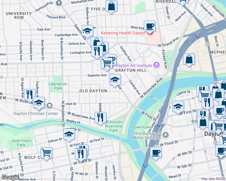 map of restaurants, bars, coffee shops, grocery stores, and more near 119 Edgewood Avenue in Dayton