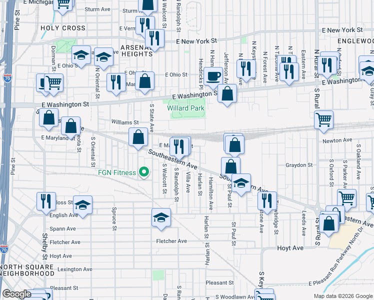 map of restaurants, bars, coffee shops, grocery stores, and more near 158 Harlan Street in Indianapolis