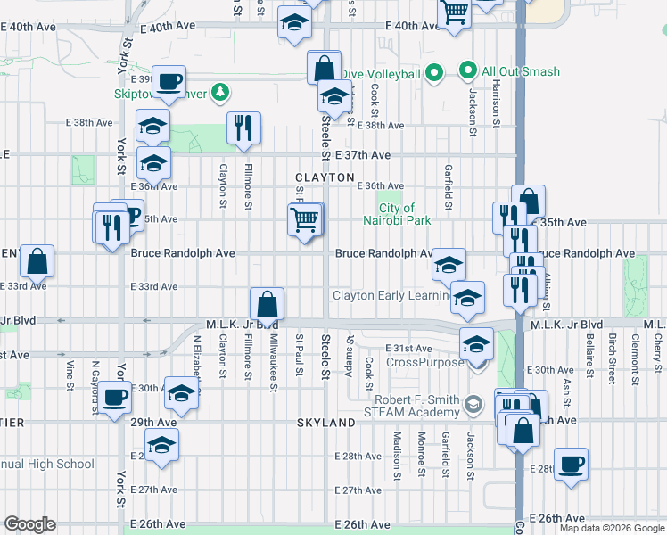 map of restaurants, bars, coffee shops, grocery stores, and more near 3233 East 33rd Avenue in Denver
