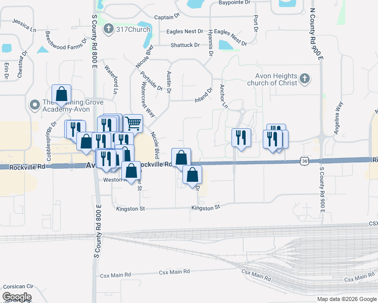 map of restaurants, bars, coffee shops, grocery stores, and more near 33 Corottoman Court in Avon