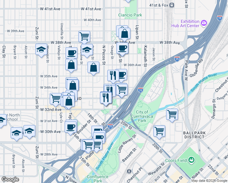 map of restaurants, bars, coffee shops, grocery stores, and more near 3338 Osage Street in Denver
