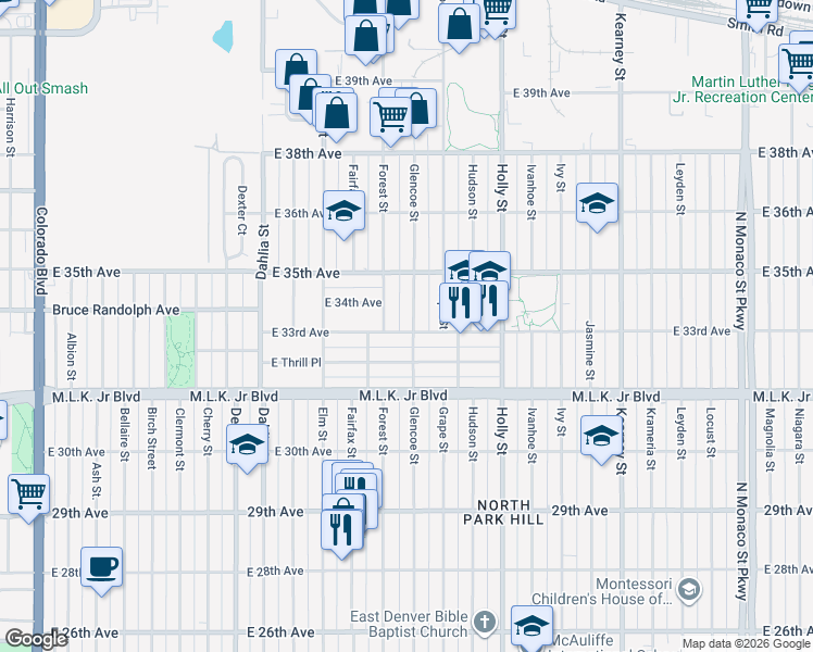 map of restaurants, bars, coffee shops, grocery stores, and more near 5240 East 33rd Avenue in Denver