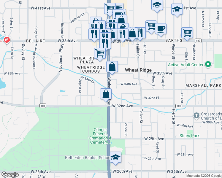 map of restaurants, bars, coffee shops, grocery stores, and more near 3398 Wadsworth Boulevard in Wheat Ridge