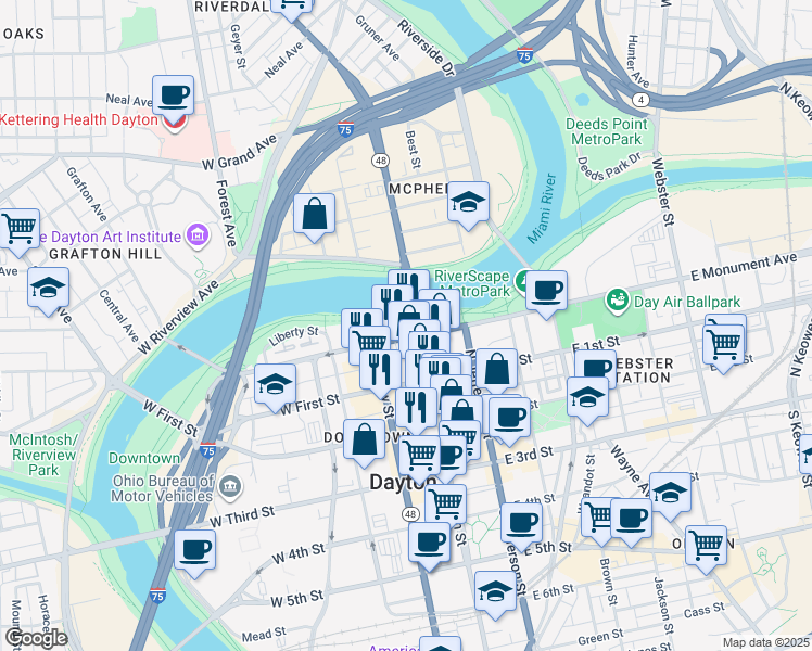 map of restaurants, bars, coffee shops, grocery stores, and more near 12 West Monument Avenue in Dayton