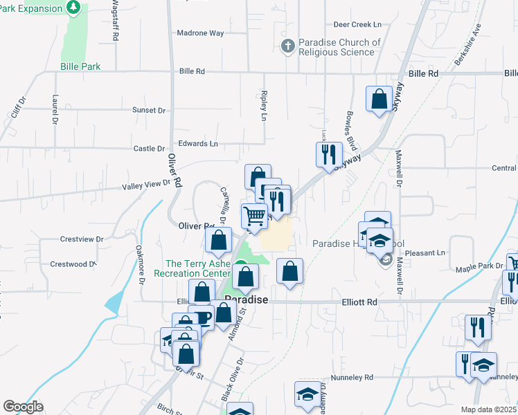 map of restaurants, bars, coffee shops, grocery stores, and more near 6141 Center Street in Paradise
