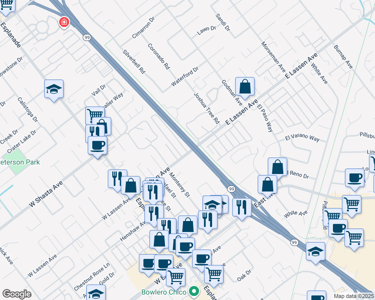 map of restaurants, bars, coffee shops, grocery stores, and more near 370 East Lassen Avenue in Chico