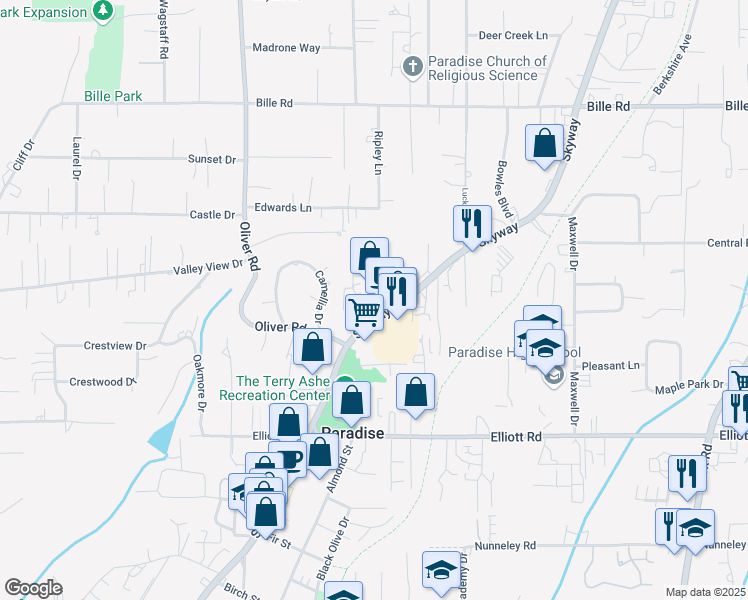 map of restaurants, bars, coffee shops, grocery stores, and more near 6141 Center Street in Paradise