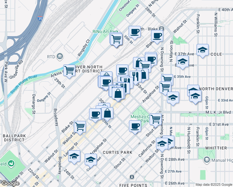 map of restaurants, bars, coffee shops, grocery stores, and more near 3120 Larimer Street in Denver