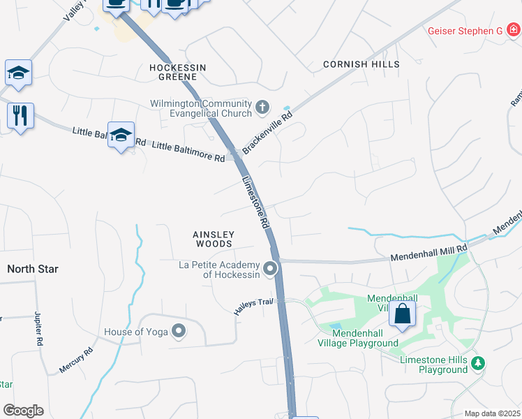 map of restaurants, bars, coffee shops, grocery stores, and more near 48 Hockessin Drive in Hockessin