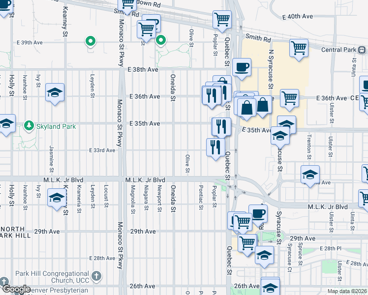 map of restaurants, bars, coffee shops, grocery stores, and more near 3279 Olive Street in Denver