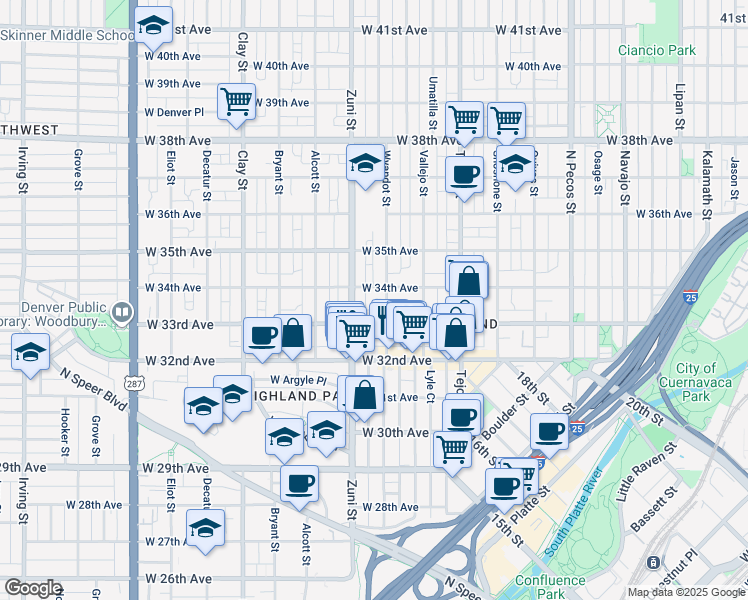 map of restaurants, bars, coffee shops, grocery stores, and more near 2325 West 33rd Avenue in Denver