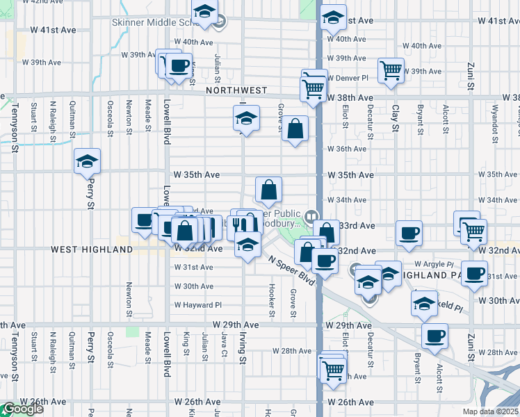 map of restaurants, bars, coffee shops, grocery stores, and more near 3209 West Fairview Place in Denver