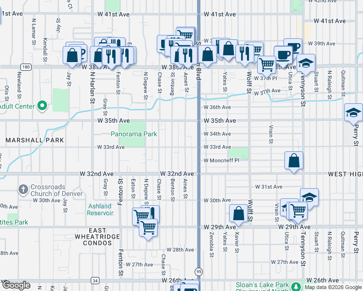 map of restaurants, bars, coffee shops, grocery stores, and more near 3286 Benton Street in Wheat Ridge