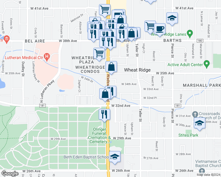 map of restaurants, bars, coffee shops, grocery stores, and more near 7575 West 33rd Avenue in Wheat Ridge