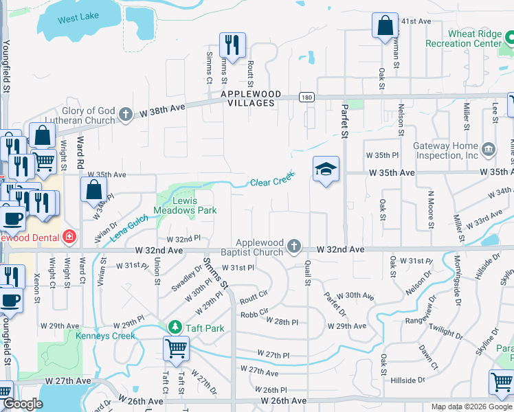 map of restaurants, bars, coffee shops, grocery stores, and more near 3281 Routt Street in Wheat Ridge