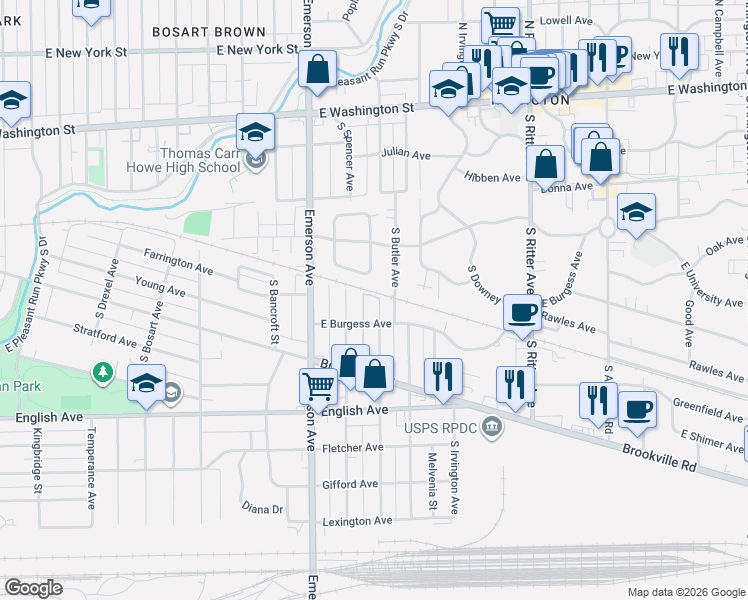 map of restaurants, bars, coffee shops, grocery stores, and more near 344 South Spencer Avenue in Indianapolis