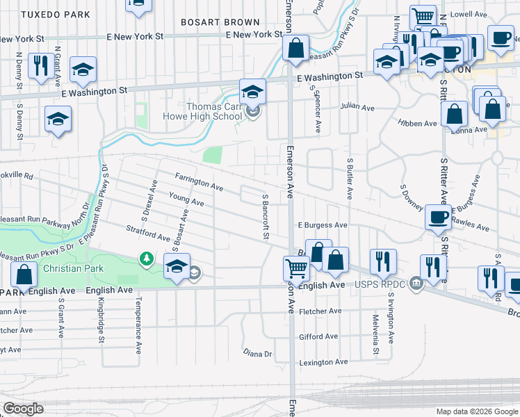 map of restaurants, bars, coffee shops, grocery stores, and more near 4930 Young Avenue in Indianapolis