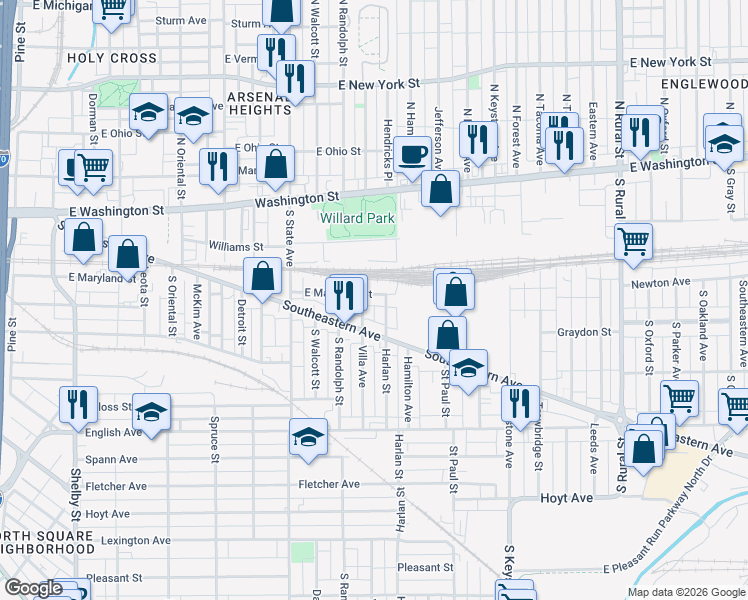 map of restaurants, bars, coffee shops, grocery stores, and more near 158 Harlan Street in Indianapolis