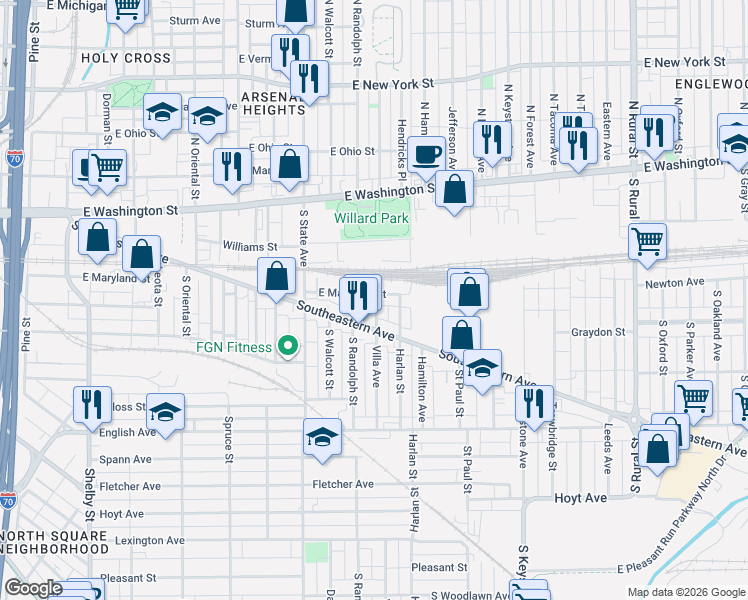 map of restaurants, bars, coffee shops, grocery stores, and more near 158 Harlan Street in Indianapolis