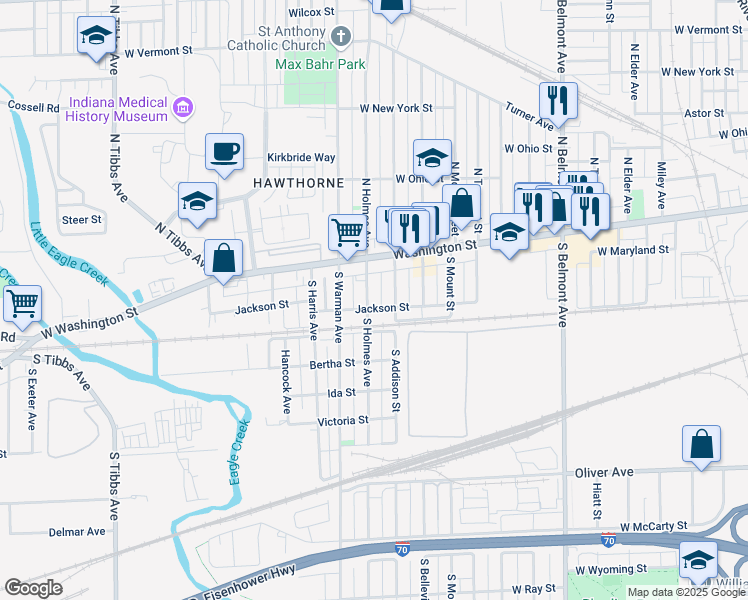 map of restaurants, bars, coffee shops, grocery stores, and more near 2625 Jackson Street in Indianapolis