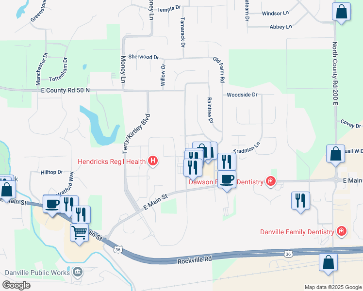 map of restaurants, bars, coffee shops, grocery stores, and more near 254 Meadow Drive in Danville