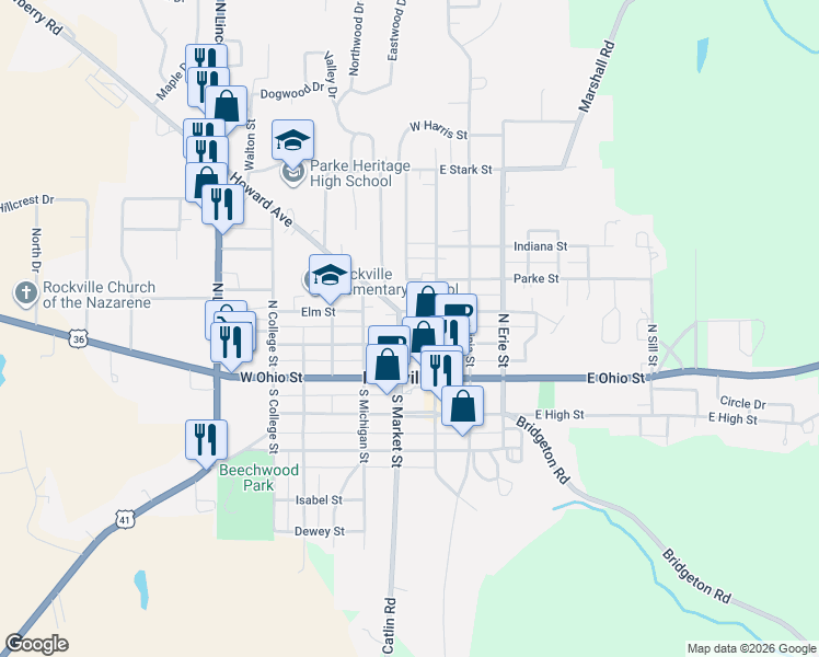 map of restaurants, bars, coffee shops, grocery stores, and more near 101-199 West York Street in Rockville