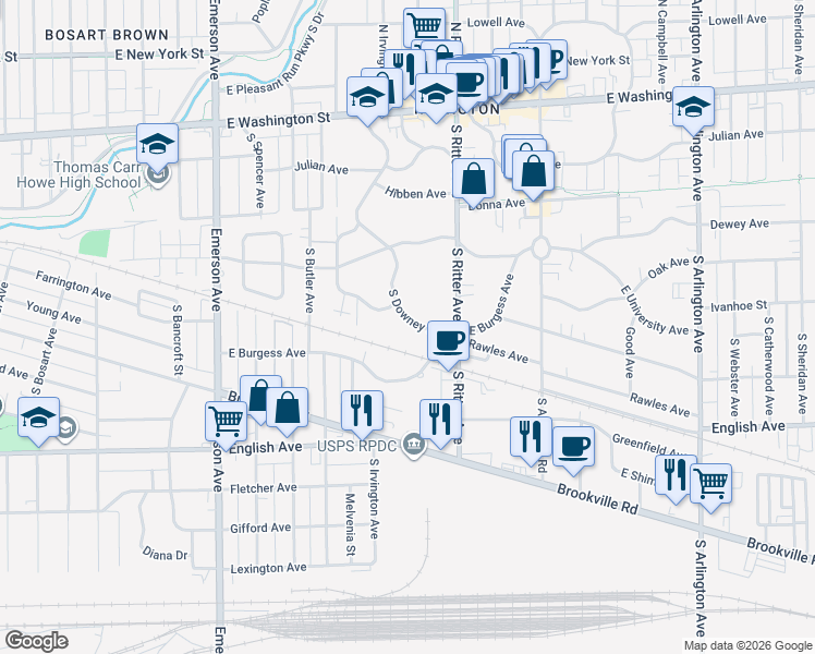 map of restaurants, bars, coffee shops, grocery stores, and more near 340 South Downey Avenue in Indianapolis