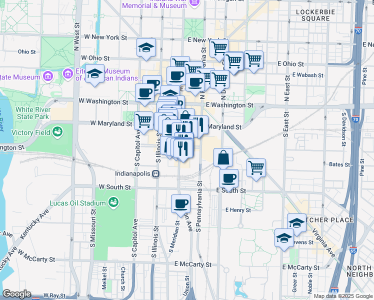 map of restaurants, bars, coffee shops, grocery stores, and more near 238 South Pennsylvania Street in Indianapolis
