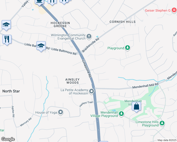 map of restaurants, bars, coffee shops, grocery stores, and more near 48 Hockessin Drive in Hockessin